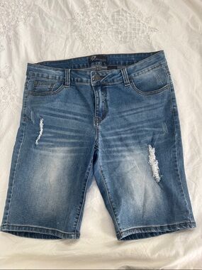 Rock & Royal Classic Denim, Women's Distressed Midwash Bermuda Shorts, Size 14